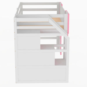 English Elm Twin Loft Bed with Storage Staircase and Window — Pinewood Modern Space-Saving Kids' Play & Sleep Loft Pink GX000727AAH