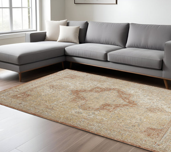 HomeRoots 10' Beige and Rust Floral Area Rug - Durable Indoor/Outdoor Rug for Patios, Living Rooms, and More 573751
