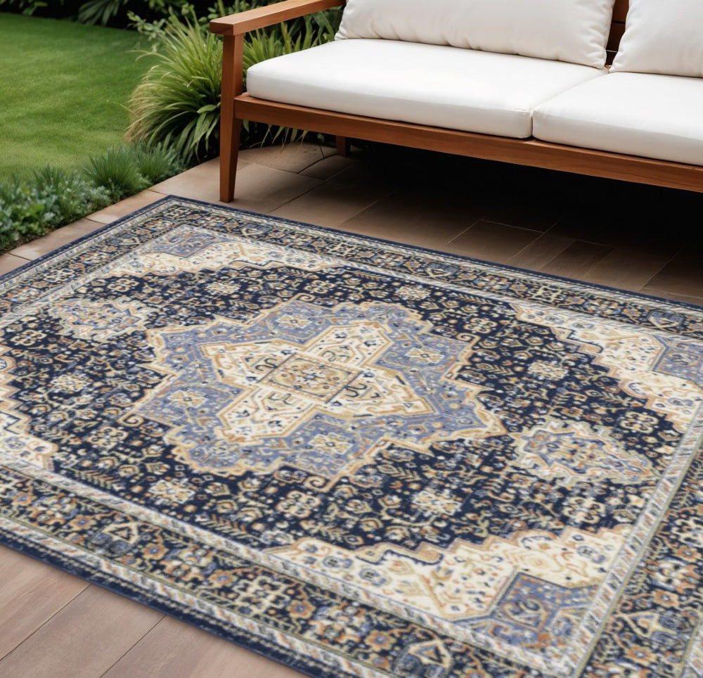 HomeRoots 10' Navy Blue Floral Area Rug - Durable Indoor/Outdoor Design for Elegant Living Spaces & Patios 573753