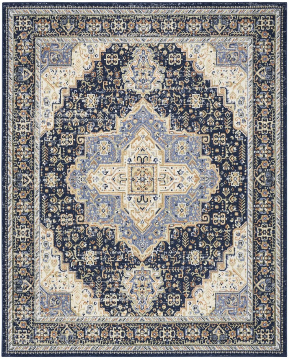 HomeRoots 10' Navy Blue Floral Area Rug - Durable Indoor/Outdoor Design for Elegant Living Spaces & Patios 573753