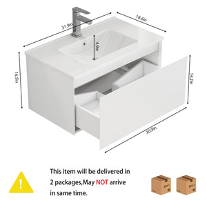 English Elm 32-Inch Wall-Mounted Bathroom Vanity With Soft-Close Drawer, Ceramic Sink, Matte White Finish, Modern Design W3151S00042