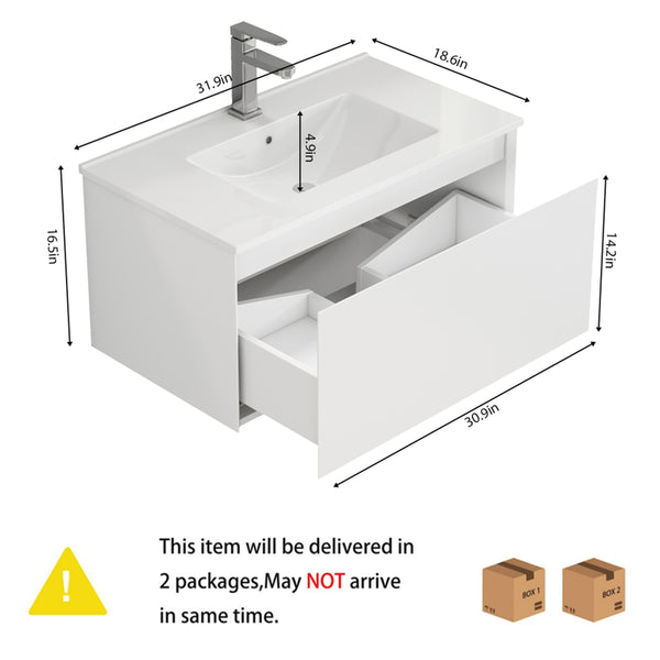 English Elm 32-Inch Wall-Mounted Bathroom Vanity With Soft-Close Drawer, Ceramic Sink, Matte White Finish, Modern Design W3151S00042