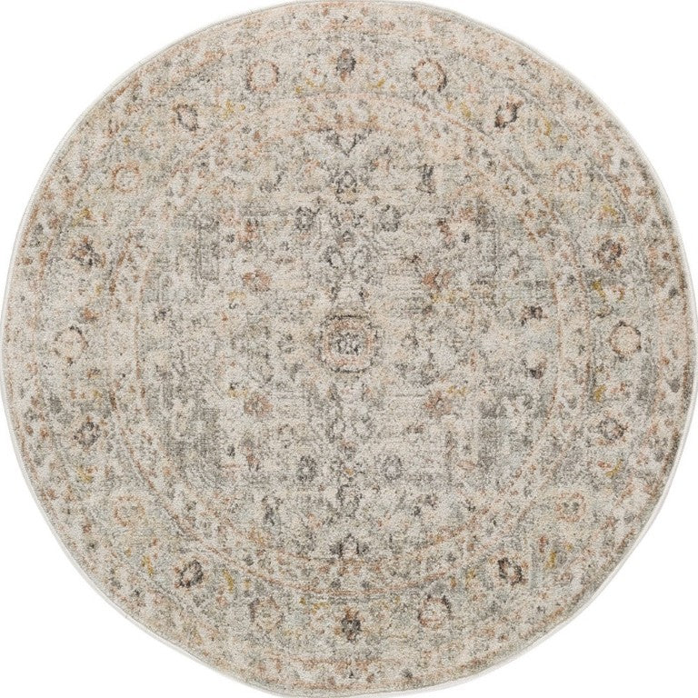8 Ft Round Distressed Floral Polypropylene Area Rug for Living Room or Bedroom