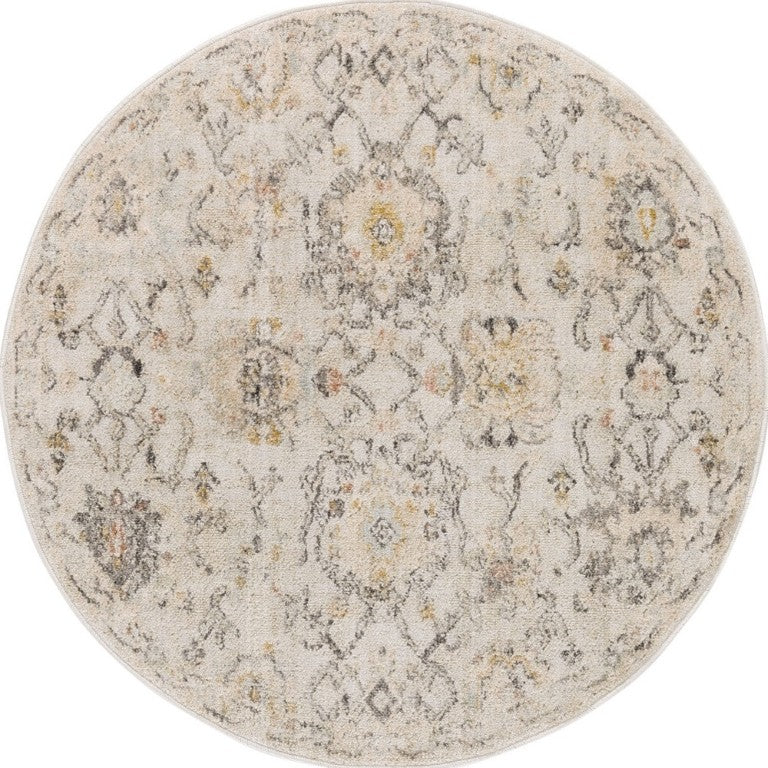 8 Foot Round Floral Polypropylene Area Rug Vintage Distressed Ivory Gray Yellow