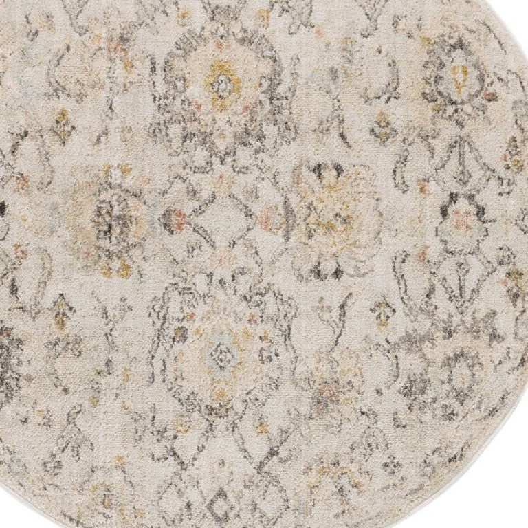 8 Foot Round Floral Polypropylene Area Rug Vintage Distressed Ivory Gray Yellow