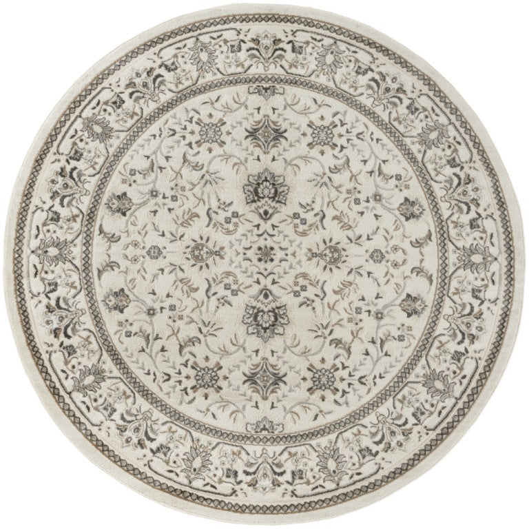 HomeRoots 8 Ft Round Distressed Floral Area Rug Ivory Brown Gray Polypropylene Living Room 573826