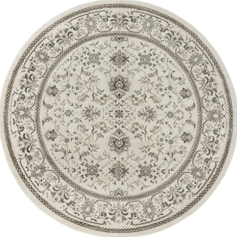 HomeRoots 8 Ft Round Distressed Floral Area Rug Ivory Brown Gray Polypropylene Living Room 573826