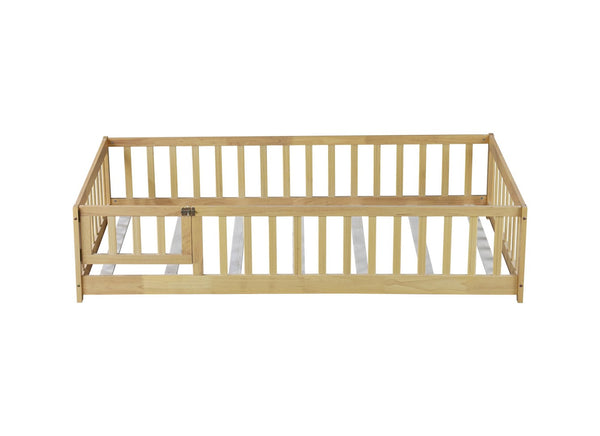 English Elm Twin Solid Rubberwood Floor Bed with Full Perimeter Safety Rails for Toddler Rooms Natural W504P296778