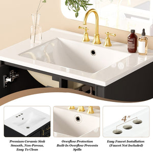 English Elm 24" Olive Bathroom Vanity Solid Wood Frame Ceramic Sink Gold Hardware Soft Close Black N729P373272B