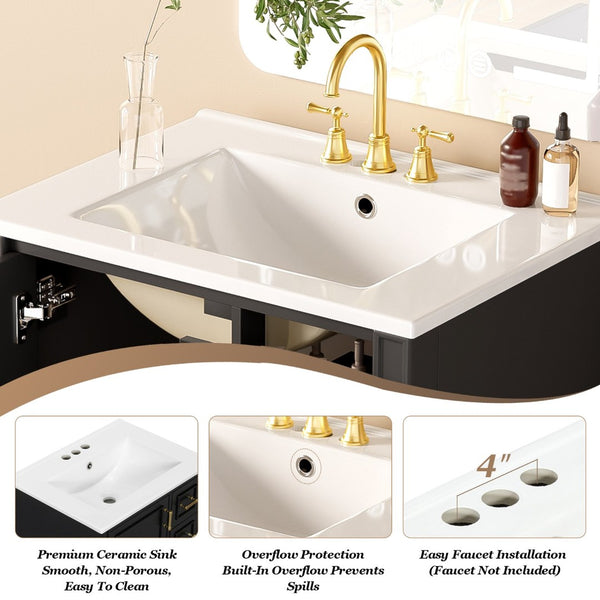 English Elm 24" Olive Bathroom Vanity Solid Wood Frame Ceramic Sink Gold Hardware Soft Close Black N729P373272B