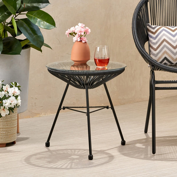 English Elm Christopher Knight Home® - NUSA Side Table with Tempered Glass Top and Handcrafted Rattan Base — Modern Outdoor Accent Table Black 66627.00BLK