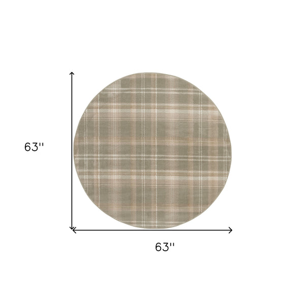 Homeroots 5' Olive Green And Ivory Plaid Round Rug  Polypropylene 573909