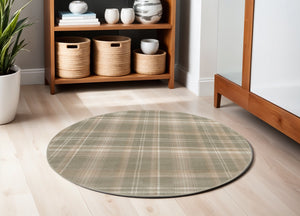 Homeroots 5' Olive Green And Ivory Plaid Round Rug  Polypropylene 573909