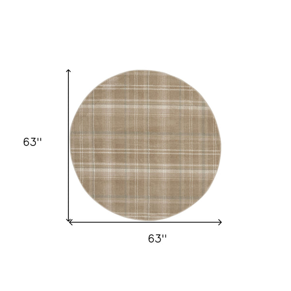 Homeroots 5' Taupe And Ivory Plaid Round Rug  Polypropylene 573910