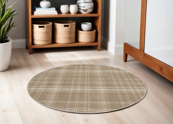 Homeroots 5' Taupe And Ivory Plaid Round Rug  Polypropylene 573910