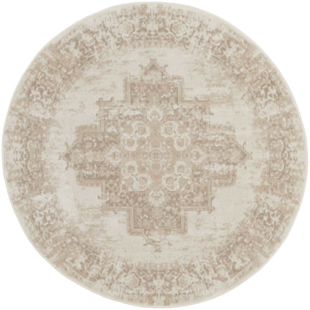Homeroots 5' Ivory Floral Power Loom Worn Faded Round Rug  Polypropylene 573912