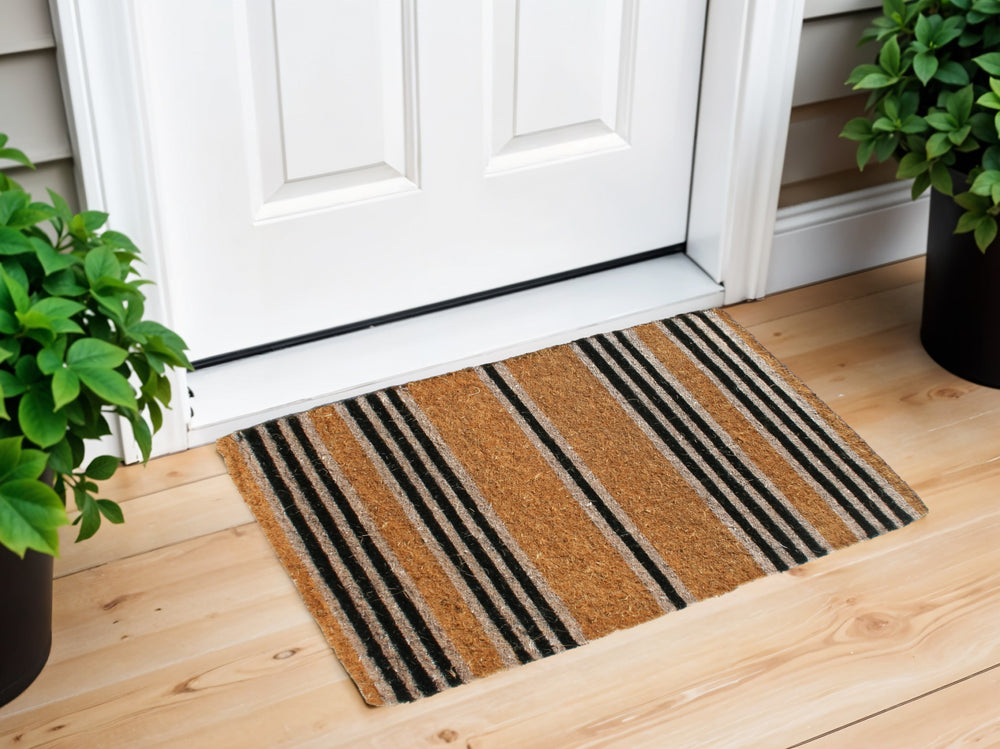 Homeroots 18" X 30" Brown And Black Coir Striped Outdoor Door Mat   573913