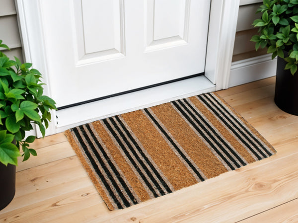 Homeroots 18" X 30" Brown And Black Coir Striped Outdoor Door Mat   573913