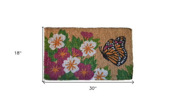 Homeroots 18" X 30" Brown And White Coir Floral Outdoor Door Mat   573916