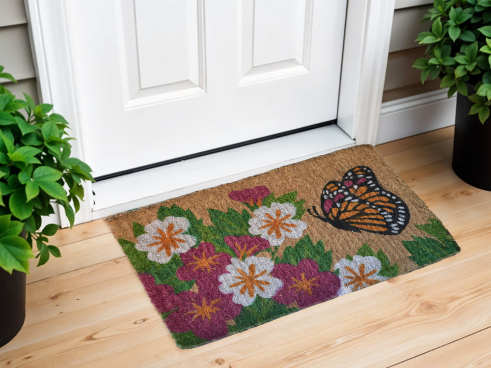 Homeroots 18" X 30" Brown And White Coir Floral Outdoor Door Mat   573916
