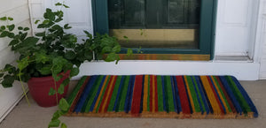 Homeroots 18" X 47" Blue And Green Coir Striped Outdoor Door Mat   573918