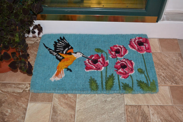 Homeroots 18" X 30" Blue Orange And Green Coir Hummingbird Outdoor Door Mat   573919