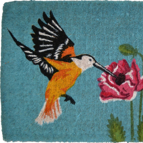 Homeroots 18" X 30" Blue Orange And Green Coir Hummingbird Outdoor Door Mat   573919
