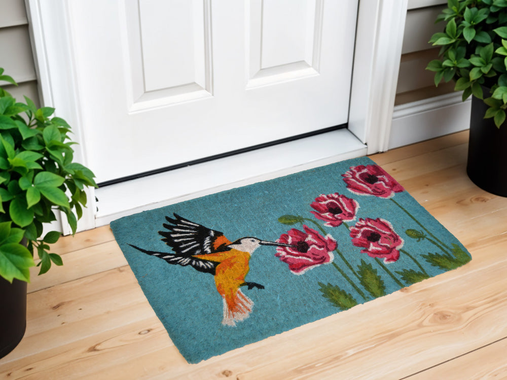 Homeroots 18" X 30" Blue Orange And Green Coir Hummingbird Outdoor Door Mat   573919