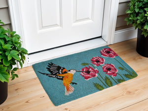 Homeroots 18" X 30" Blue Orange And Green Coir Hummingbird Outdoor Door Mat   573919