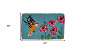 Homeroots 18" X 30" Blue Orange And Green Coir Hummingbird Outdoor Door Mat   573919