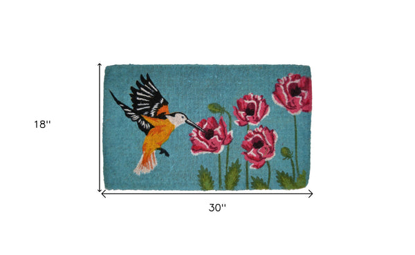 Homeroots 18" X 30" Blue Orange And Green Coir Hummingbird Outdoor Door Mat   573919