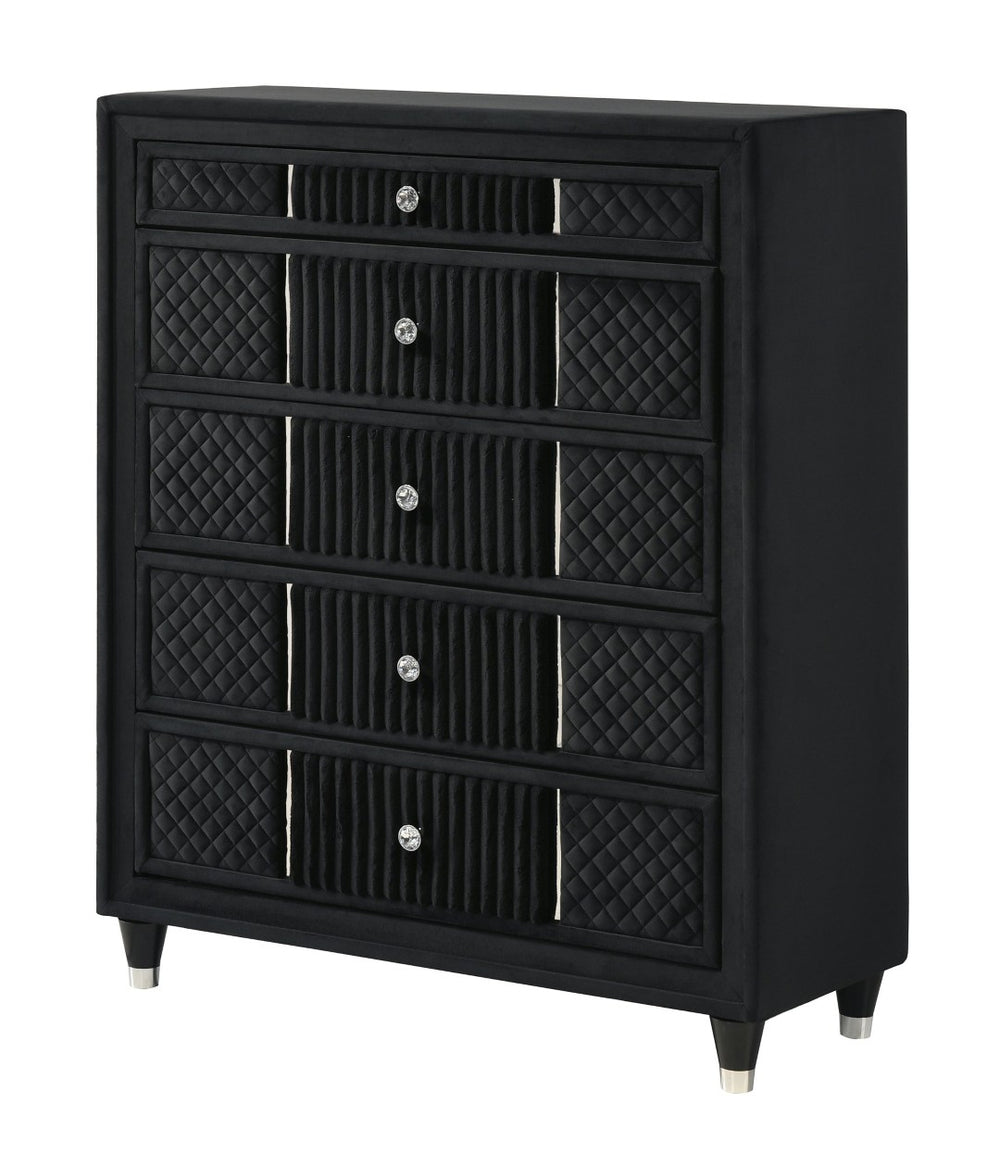 English Elm Contemporary Black Velvet Five Drawer Chest with Crystal Knobs for Glam Bedrooms B2741P457641