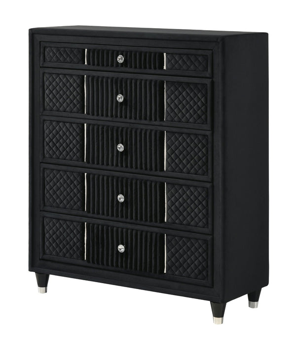 English Elm Contemporary Black Velvet Five Drawer Chest with Crystal Knobs for Glam Bedrooms B2741P457641