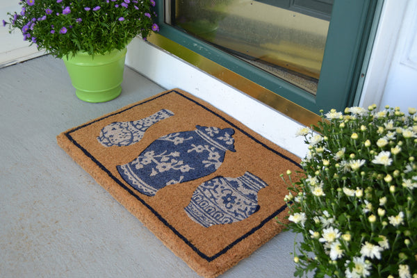 Homeroots 20" X 30" Brown Blue And White Chinoiserie Coir Abstract Outdoor Door Mat   573920