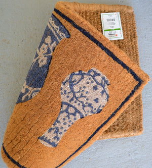 Homeroots 20" X 30" Brown Blue And White Chinoiserie Coir Abstract Outdoor Door Mat   573920
