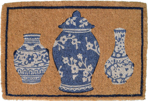 Homeroots 20" X 30" Brown Blue And White Chinoiserie Coir Abstract Outdoor Door Mat   573920