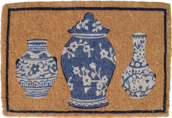 Homeroots 20" X 30" Brown Blue And White Chinoiserie Coir Abstract Outdoor Door Mat   573920