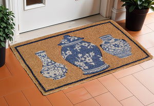Homeroots 20" X 30" Brown Blue And White Chinoiserie Coir Abstract Outdoor Door Mat   573920