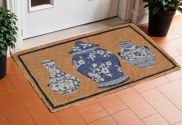 Homeroots 20" X 30" Brown Blue And White Chinoiserie Coir Abstract Outdoor Door Mat   573920
