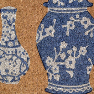 Homeroots 20" X 30" Brown Blue And White Chinoiserie Coir Abstract Outdoor Door Mat   573920