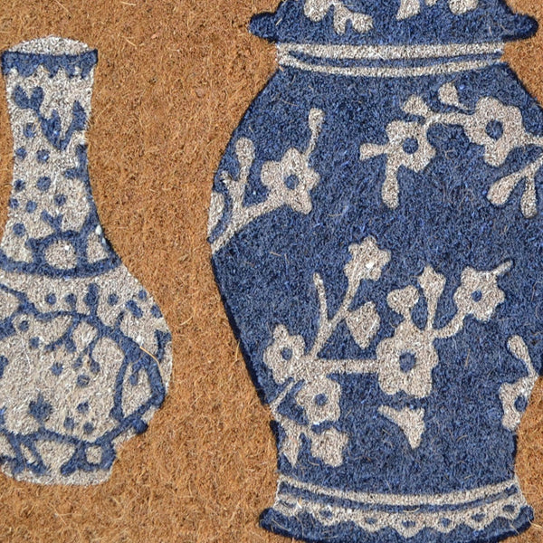 Homeroots 20" X 30" Brown Blue And White Chinoiserie Coir Abstract Outdoor Door Mat   573920