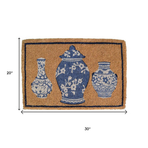 HomeRoots 20" Chinoiserie Coir Doormat - Elegant Brown & Blue Ceramic Design for Outdoor & Indoor Use 573920