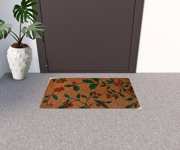 Homeroots 18" X 30" Brown And Green Coir Holiday Outdoor Christmas Door Mat   573923