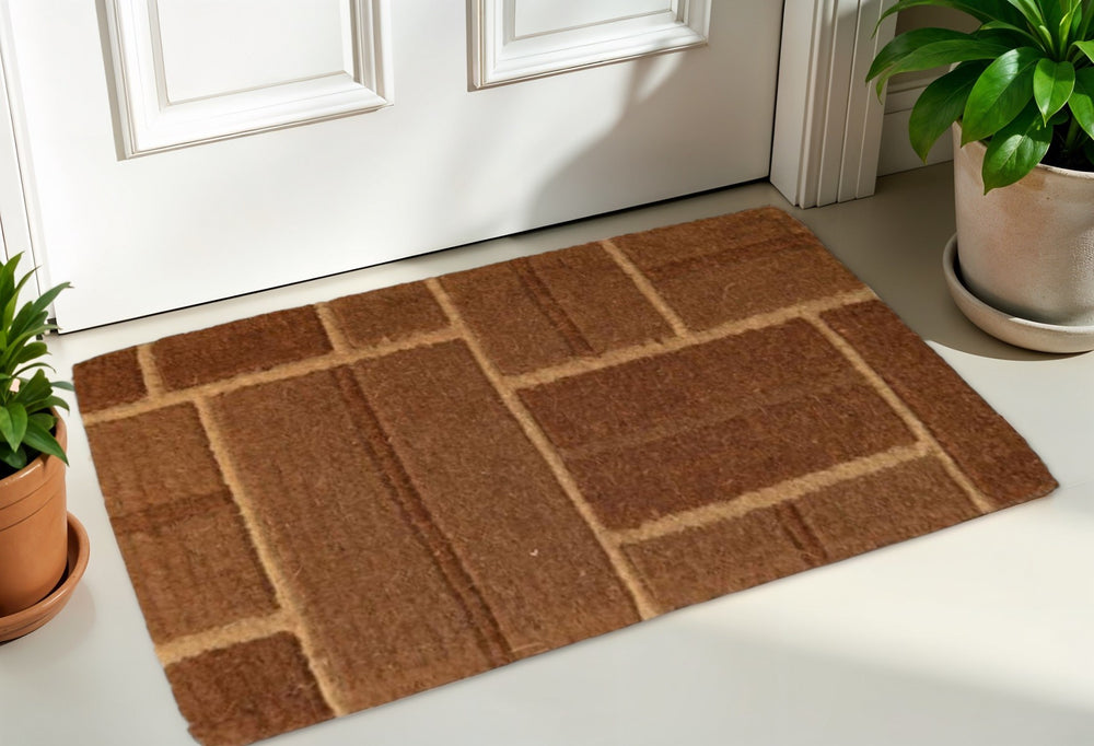 Homeroots 18" X 30" Brown Coir Geometric Bricks Outdoor Door Mat   573943
