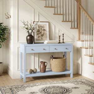 Butler Specialty Butler Nora 40" Rectangular Console Table in Light Blue with 2 Drawers, Gold Hardware, Open Shelf, Coastal Cottage Charm 5739522