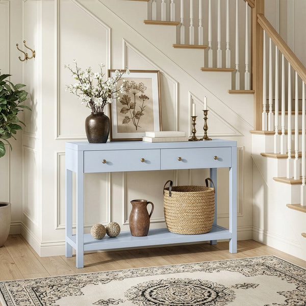 Butler Specialty Butler Nora 40" Rectangular Console Table in Light Blue with 2 Drawers, Gold Hardware, Open Shelf, Coastal Cottage Charm 5739522