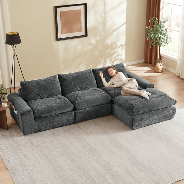 English Elm Modern Chenille Modular Sectional Sofa with Foot Pedals for Living Room Comfort Dark Gray W3396S00073