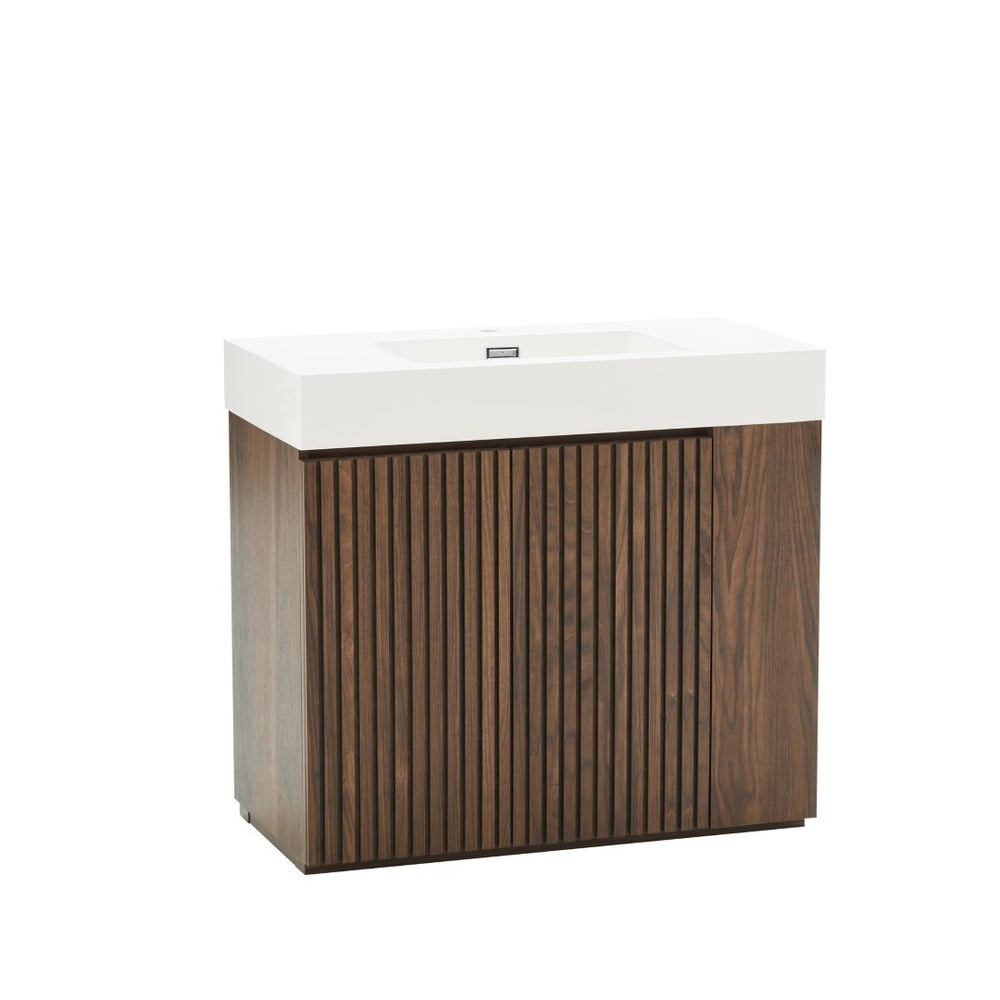 English Elm Galan Freestanding Bathroom Vanity Quartz Basin Fluted Wood Cabinet Modern Bath Walnut Brown W1865S00220