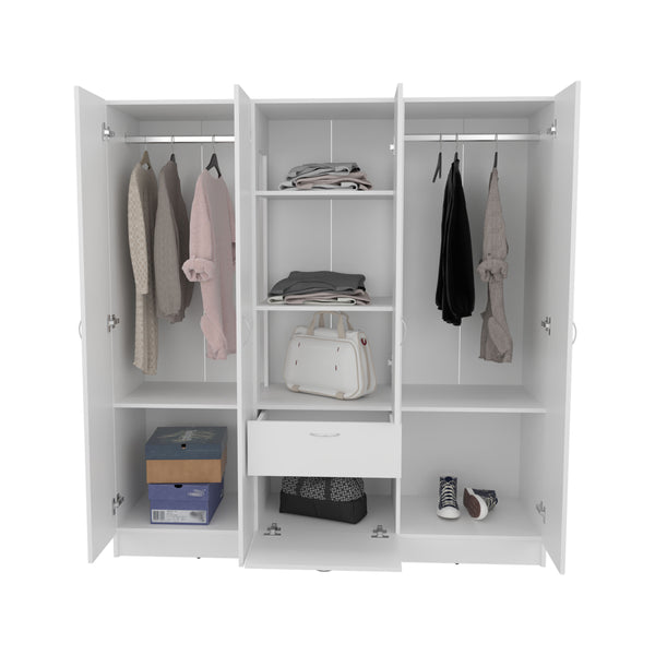 English Elm Mitu Six Doors Armoire White - 71.2" High MDF Wardrobe with 7 Shelves, Hanging Rods & Spacious Drawer B200S00426