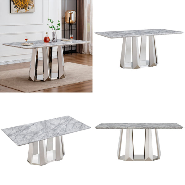 English Elm Marble Dining Table For 6-8, Modern Rectangular Faux Marble Top With Stainless Steel Base, Silver Grey W3456S00039